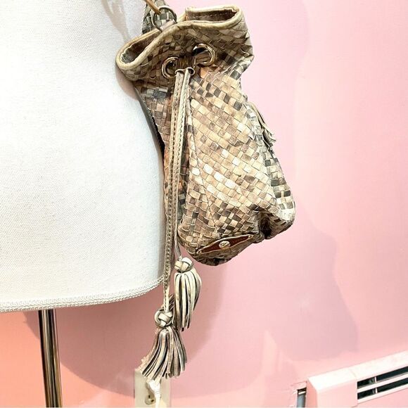 Elliott Lucca Snakeskin Embossed Leather Weave Bucket Hobo Shoulder Purse - Picture 11 of 13